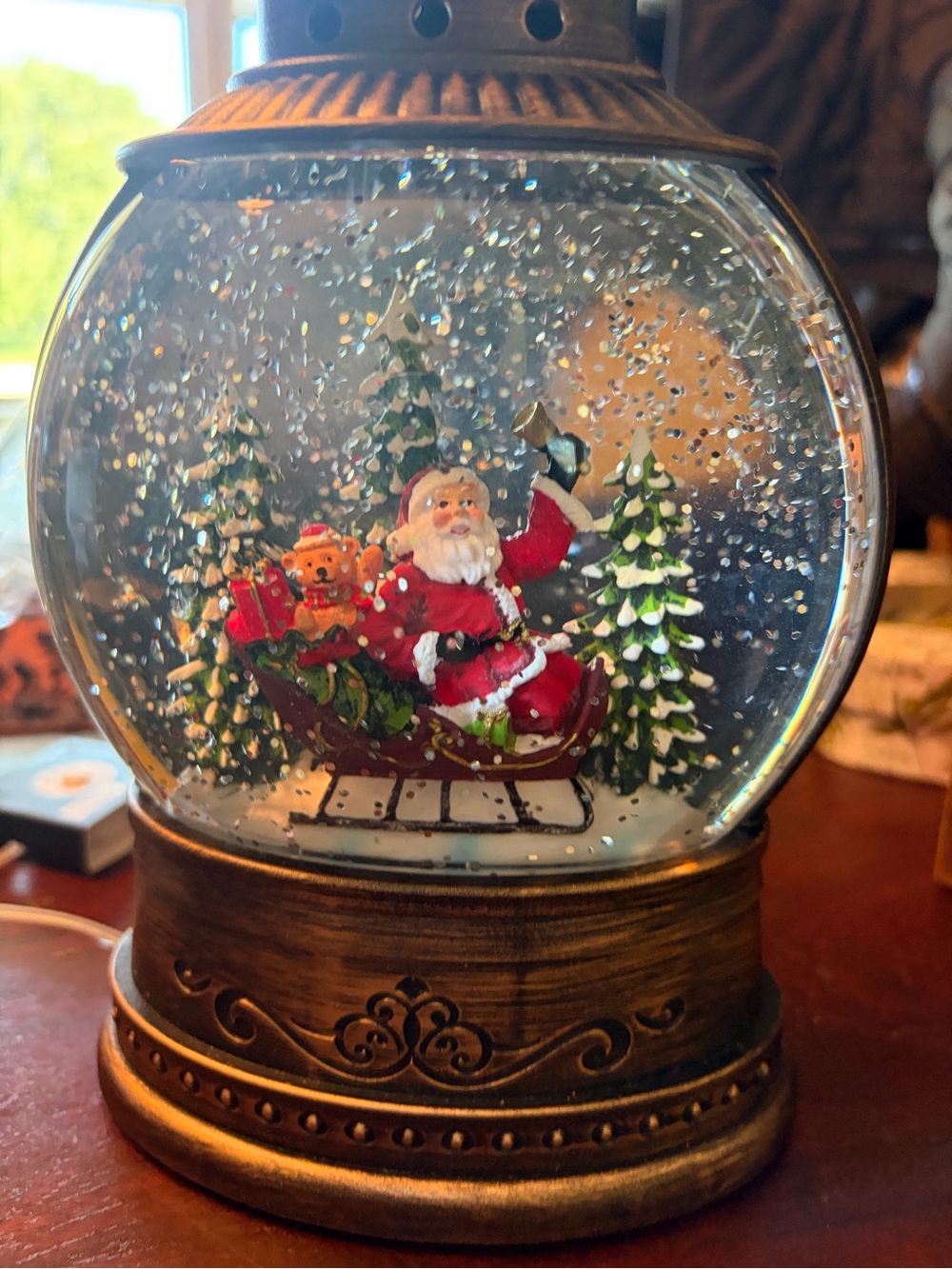 NWT Holiday Santa Snow Globe with Sleigh and Trees - Red lights up as well